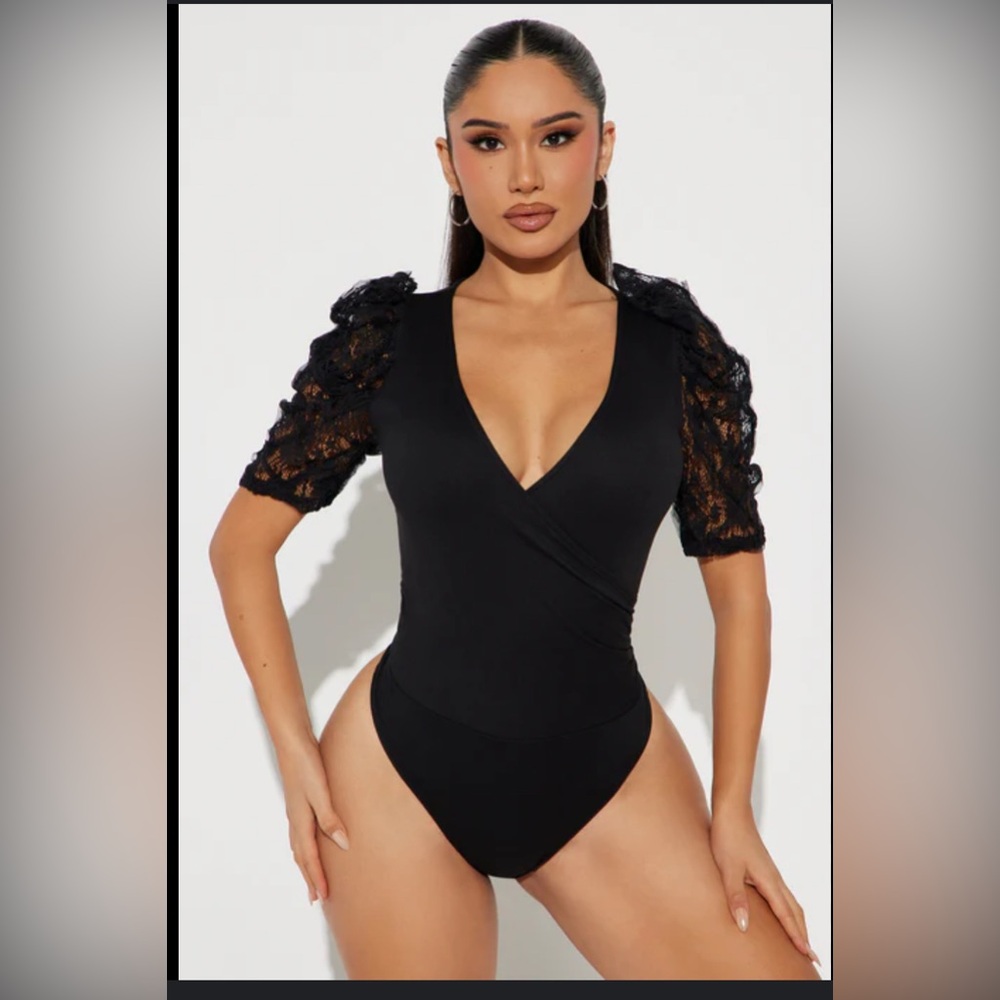 fab'rik Black Puff Sleeve Wrap Bodysuit